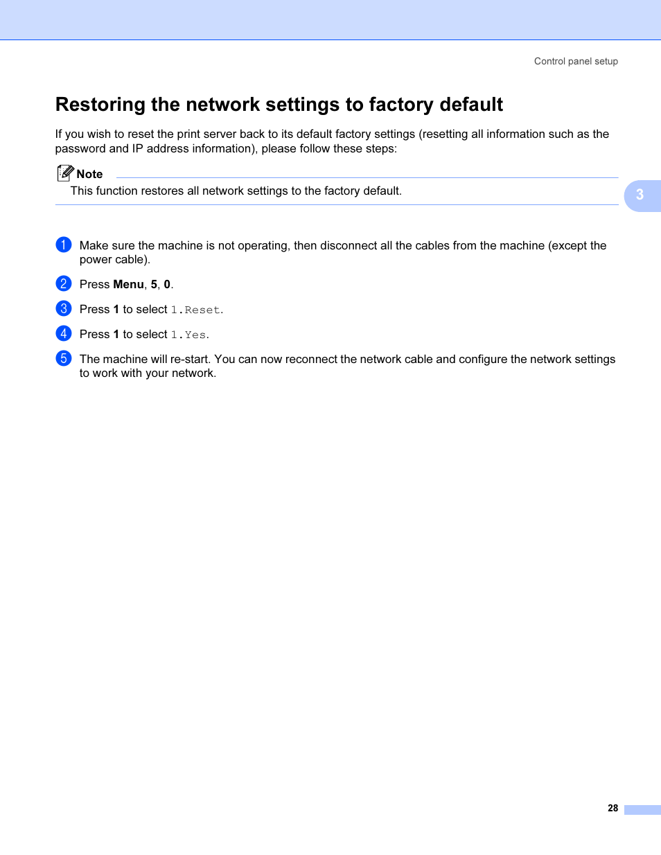 Restoring the network settings to factory default | Brother SHB6102 User Manual | Page 32 / 34