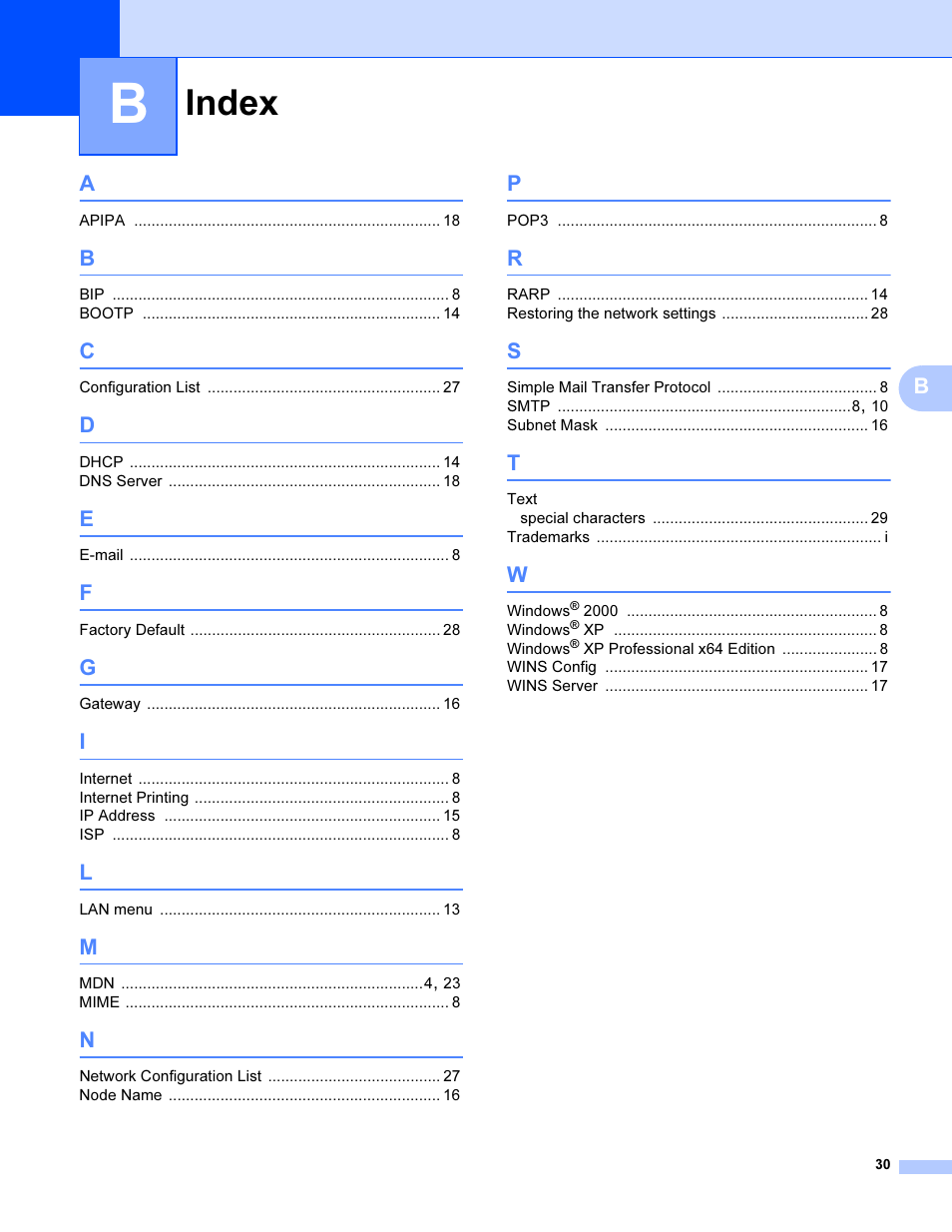 B index, Index | Brother SHB6102 User Manual | Page 34 / 34