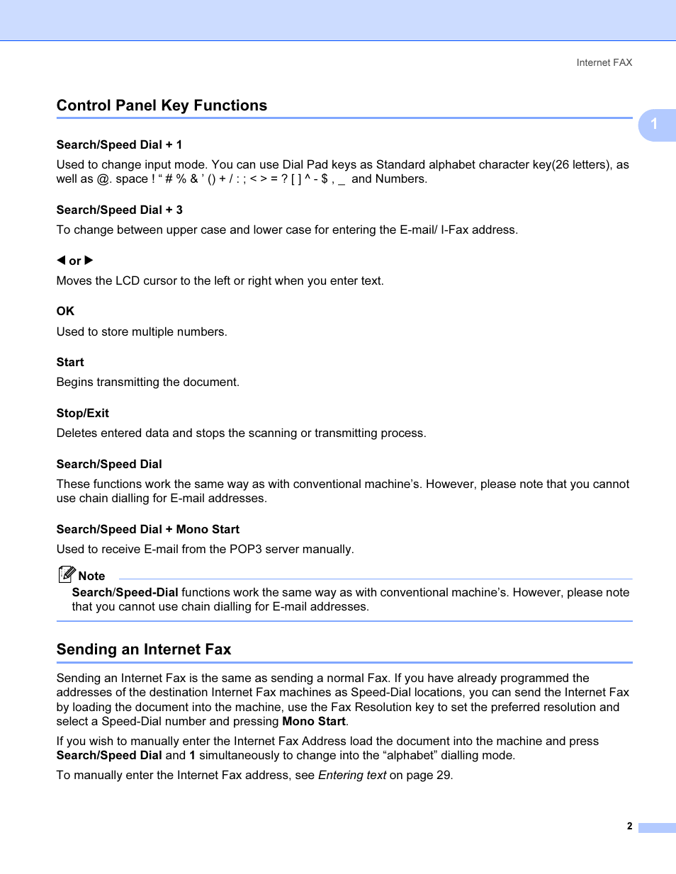 Control panel key functions, Sending an internet fax, 1control panel key functions | Search/speed dial + 1, Used to store multiple numbers. start, Begins transmitting the document. stop/exit | Brother SHB6102 User Manual | Page 6 / 34