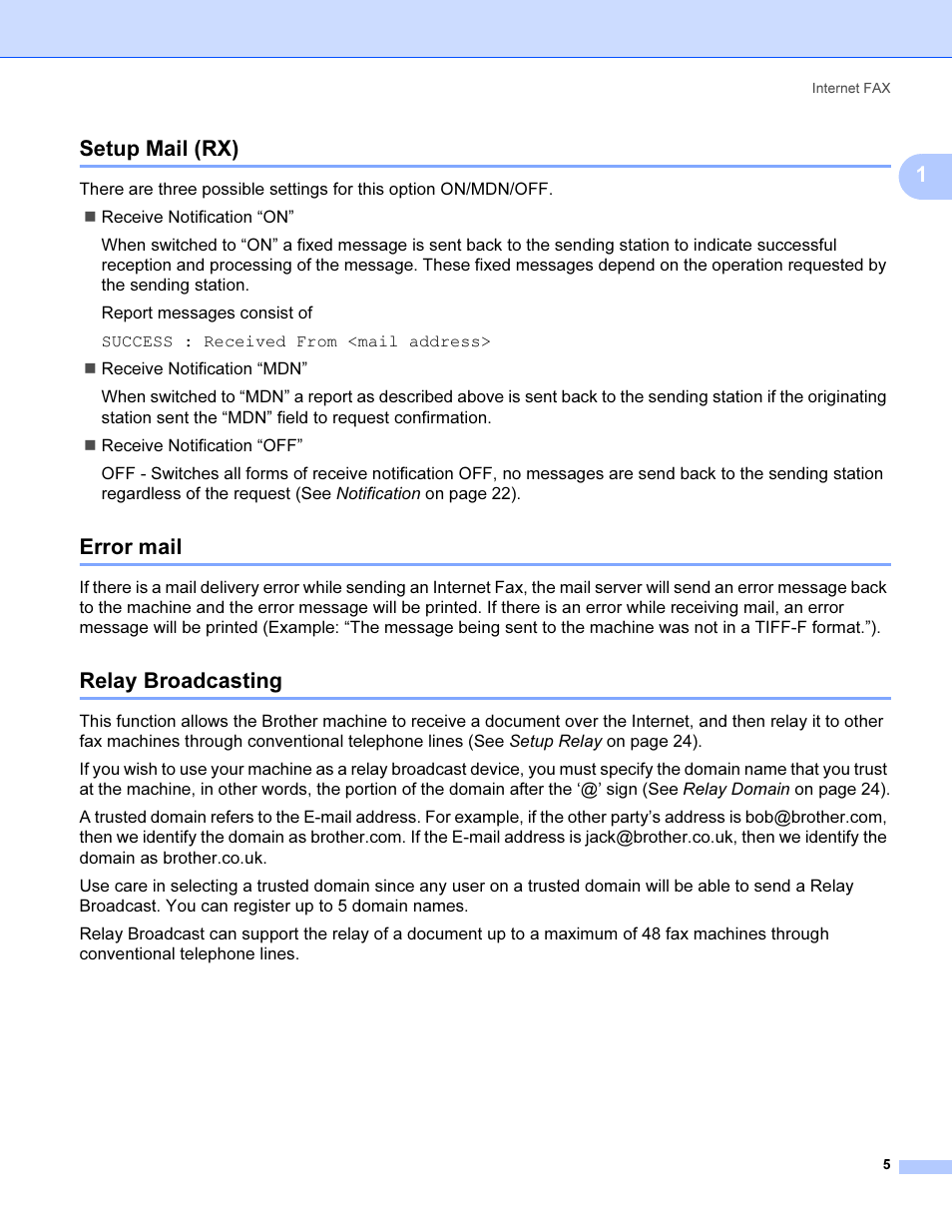 Setup mail (rx), Error mail, Relay broadcasting | Setup mail (rx) error mail relay broadcasting, 1setup mail (rx) | Brother SHB6102 User Manual | Page 9 / 34