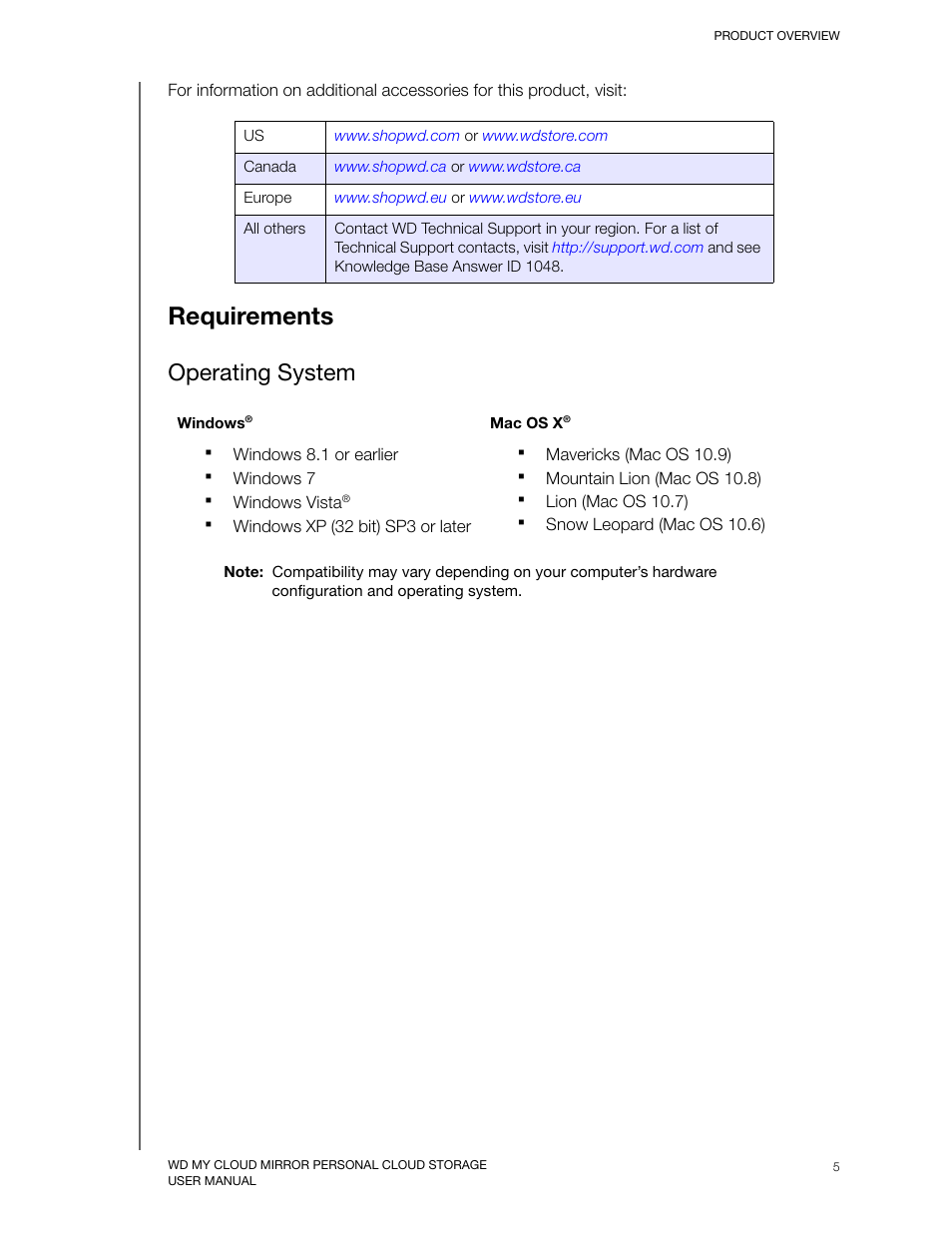 Requirements, Operating system | Western Digital My Cloud Mirror User Manual User Manual | Page 10 / 166