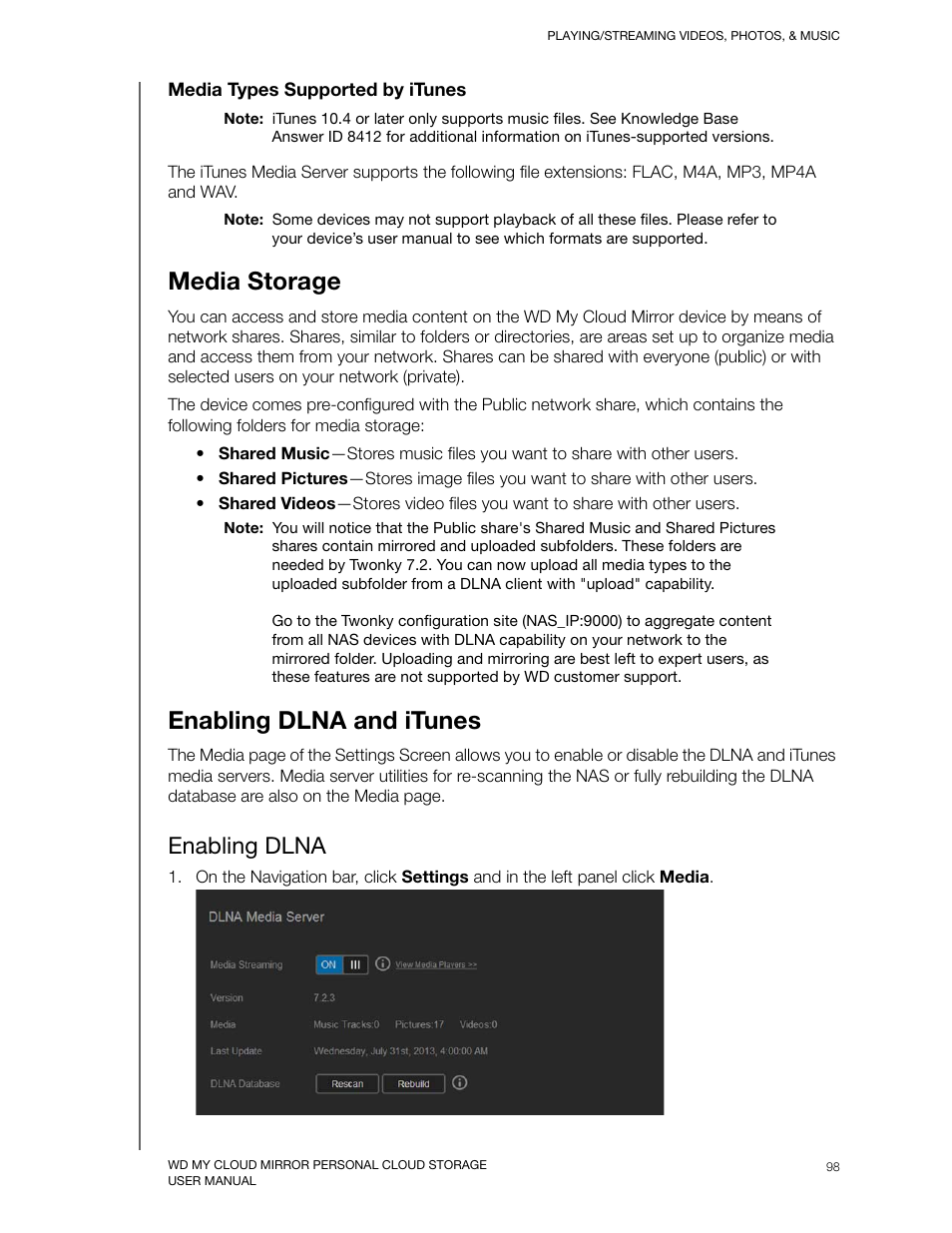 Media storage, Enabling dlna and itunes, Enabling dlna | Media storage enabling dlna and itunes | Western Digital My Cloud Mirror User Manual User Manual | Page 103 / 166