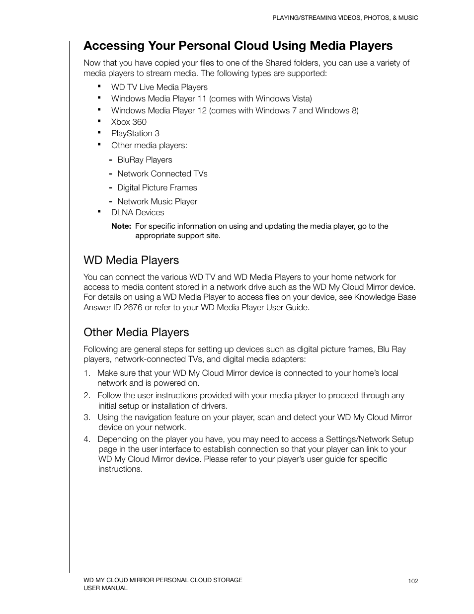 Accessing your personal cloud using media players, Wd media players, Other media players | Western Digital My Cloud Mirror User Manual User Manual | Page 107 / 166