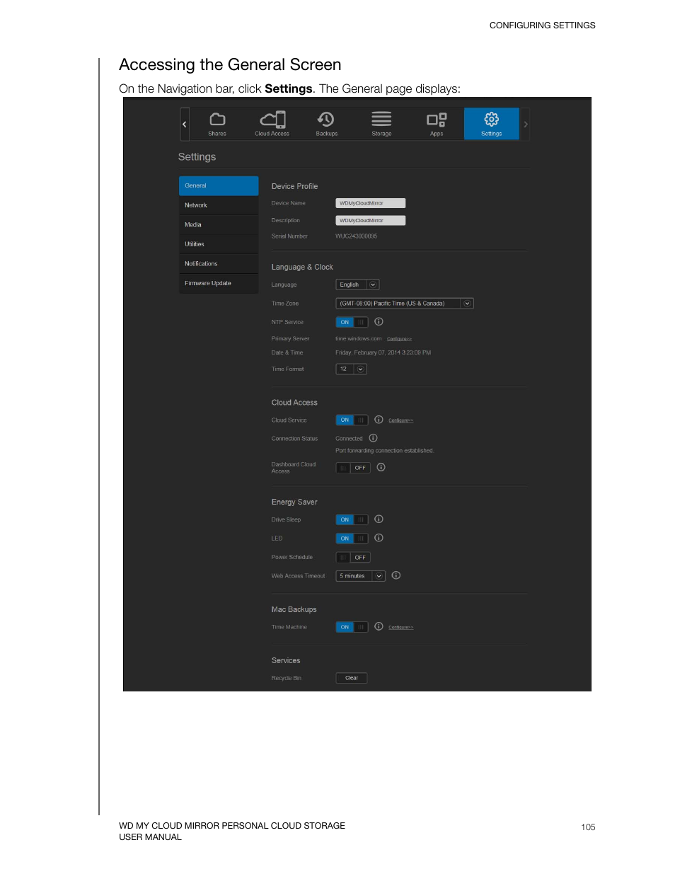 Accessing the general screen | Western Digital My Cloud Mirror User Manual User Manual | Page 110 / 166