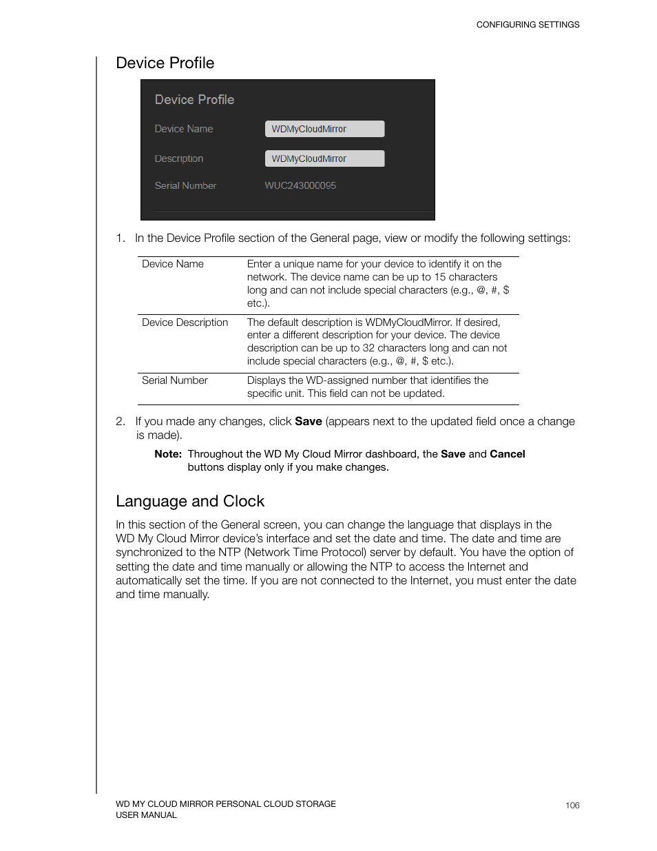 Device profile, Language and clock | Western Digital My Cloud Mirror User Manual User Manual | Page 111 / 166