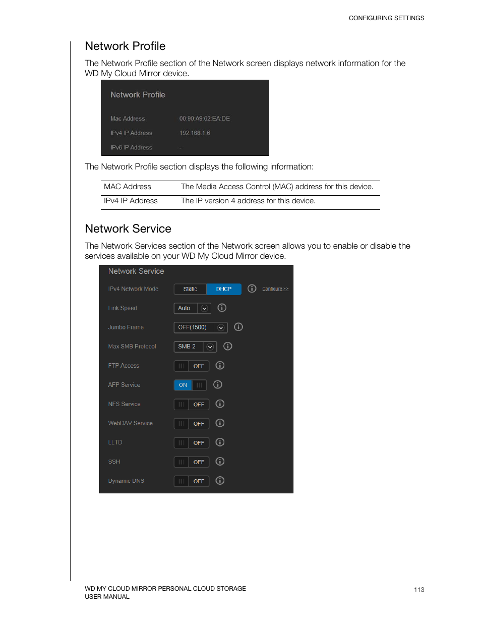Network profile, Network service | Western Digital My Cloud Mirror User Manual User Manual | Page 118 / 166