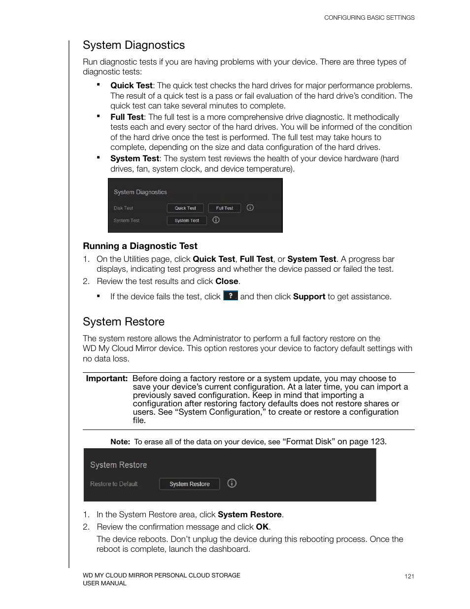 System diagnostics, System restore | Western Digital My Cloud Mirror User Manual User Manual | Page 126 / 166