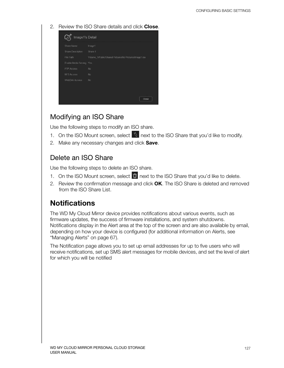 Modifying an iso share, Delete an iso share, Notifications | Western Digital My Cloud Mirror User Manual User Manual | Page 132 / 166