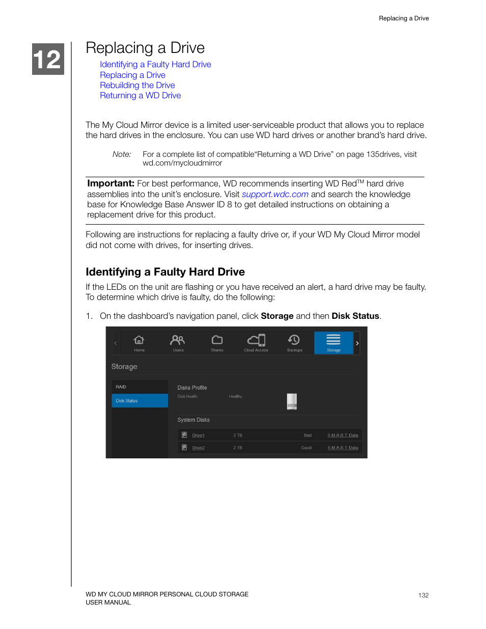 Replacing a drive, Identifying a faulty hard drive | Western Digital My Cloud Mirror User Manual User Manual | Page 137 / 166