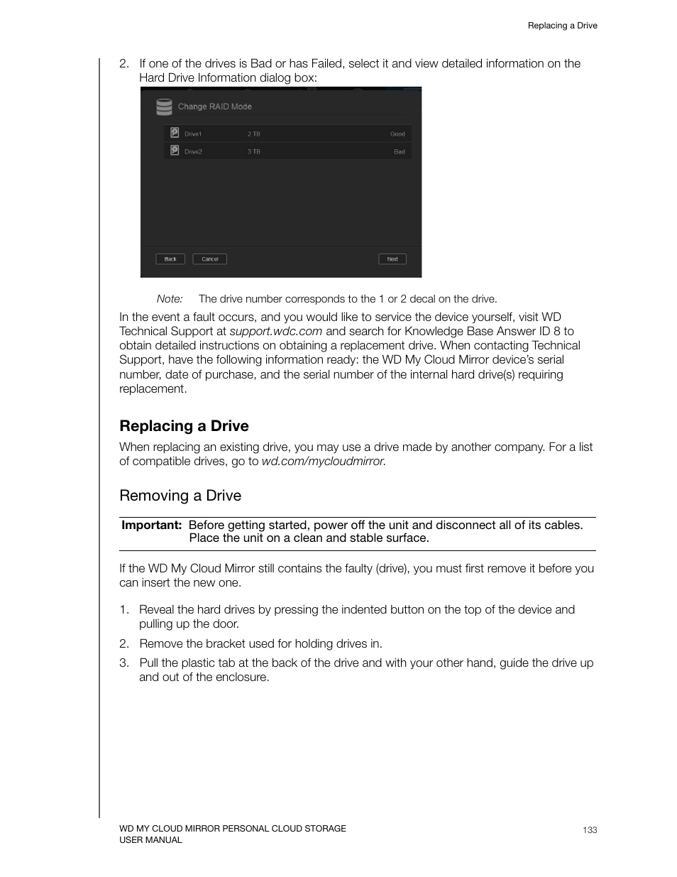 Replacing a drive, Removing a drive | Western Digital My Cloud Mirror User Manual User Manual | Page 138 / 166