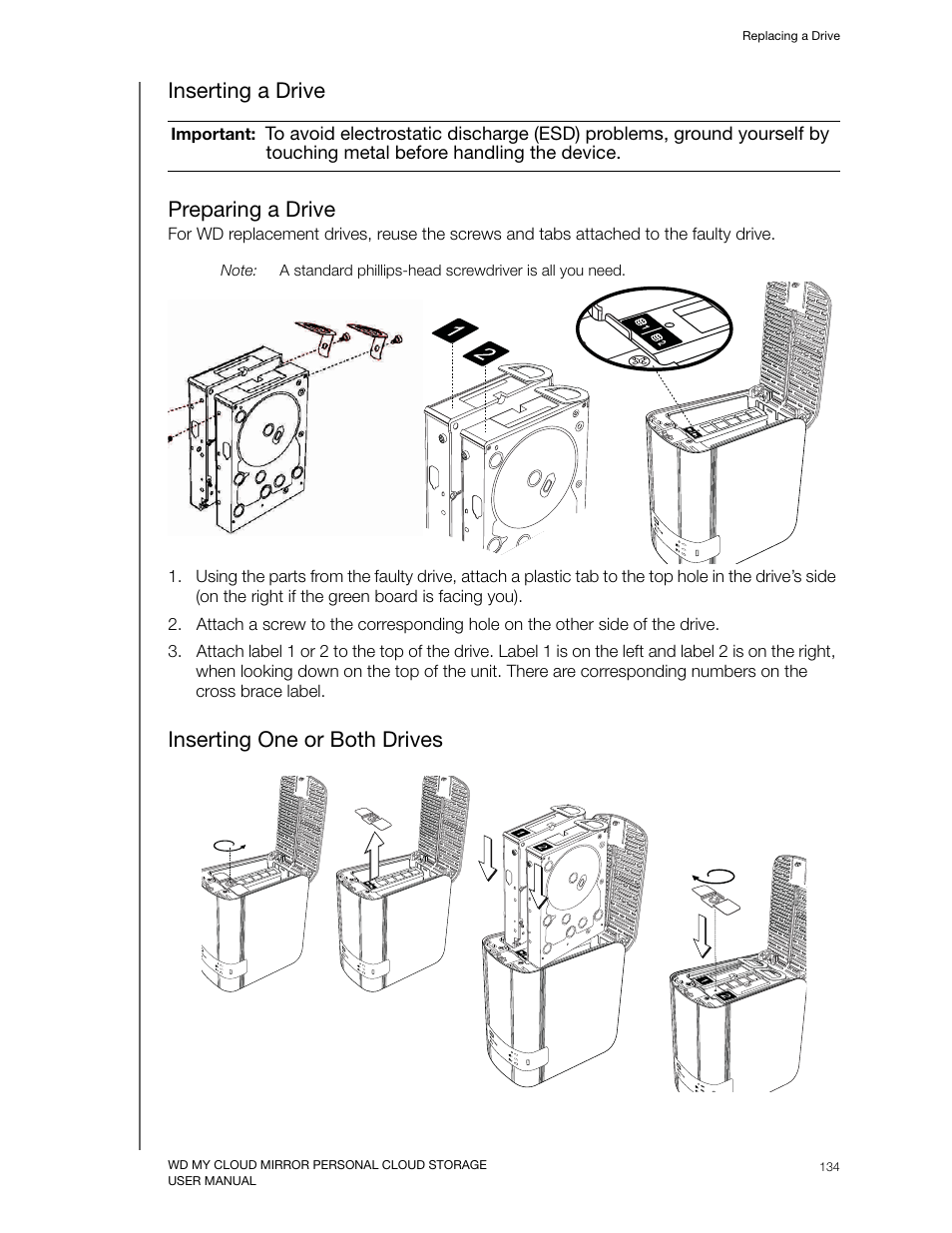 Inserting a drive, Preparing a drive, Inserting one or both drives | Inserting a drive preparing a drive | Western Digital My Cloud Mirror User Manual User Manual | Page 139 / 166
