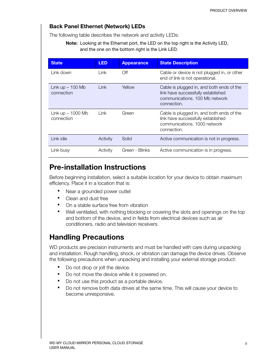 Pre-installation instructions, Handling precautions, Back panel ethernet (network) leds | Western Digital My Cloud Mirror User Manual User Manual | Page 14 / 166