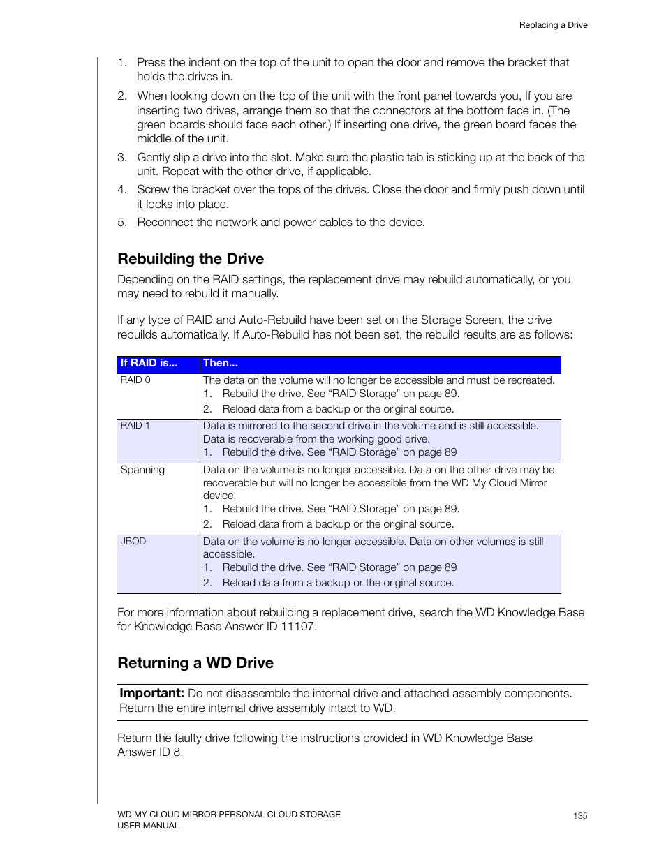 Rebuilding the drive, Returning a wd drive, Rebuilding the drive returning a wd drive | Western Digital My Cloud Mirror User Manual User Manual | Page 140 / 166