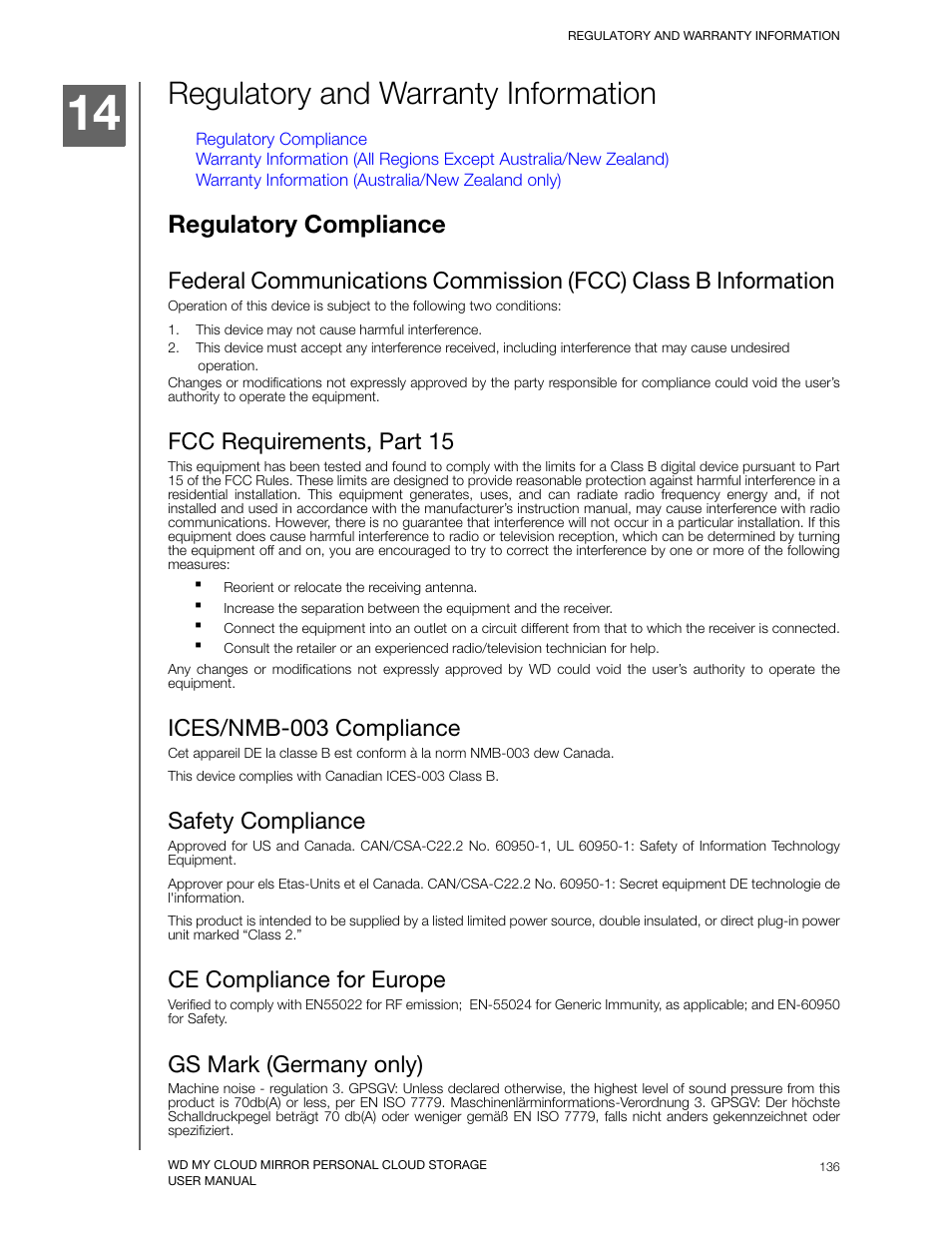 Regulatory and warranty information, Regulatory compliance, Fcc requirements, part 15 | Ices/nmb-003 compliance, Safety compliance, Ce compliance for europe, Gs mark (germany only) | Western Digital My Cloud Mirror User Manual User Manual | Page 141 / 166