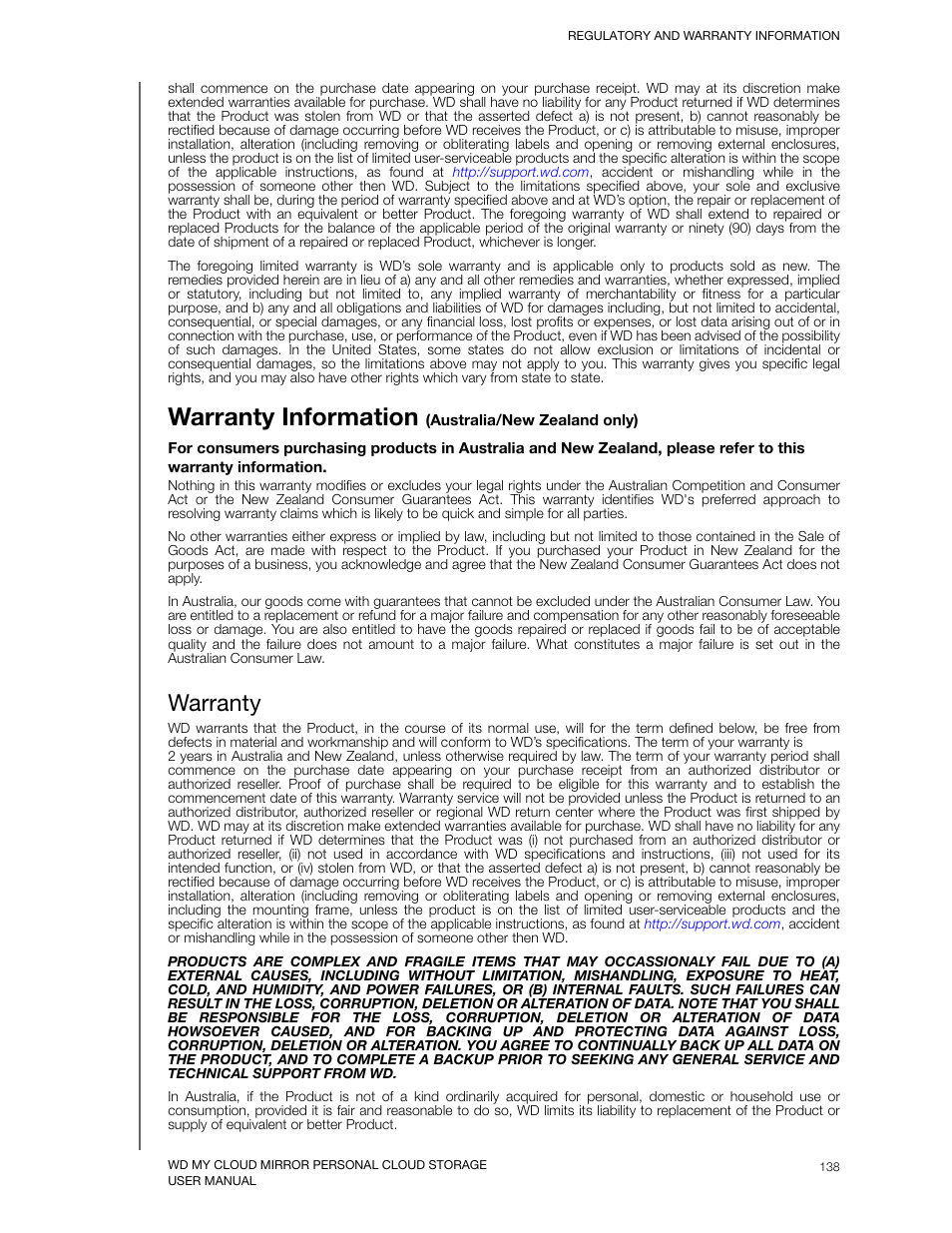 Warranty information (australia/new zealand only), Warranty, Warranty information | Western Digital My Cloud Mirror User Manual User Manual | Page 143 / 166