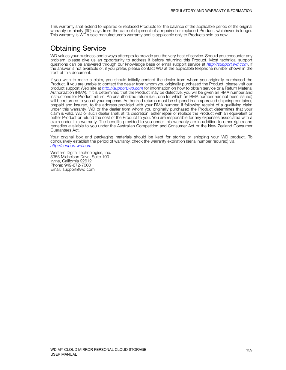 Obtaining service | Western Digital My Cloud Mirror User Manual User Manual | Page 144 / 166