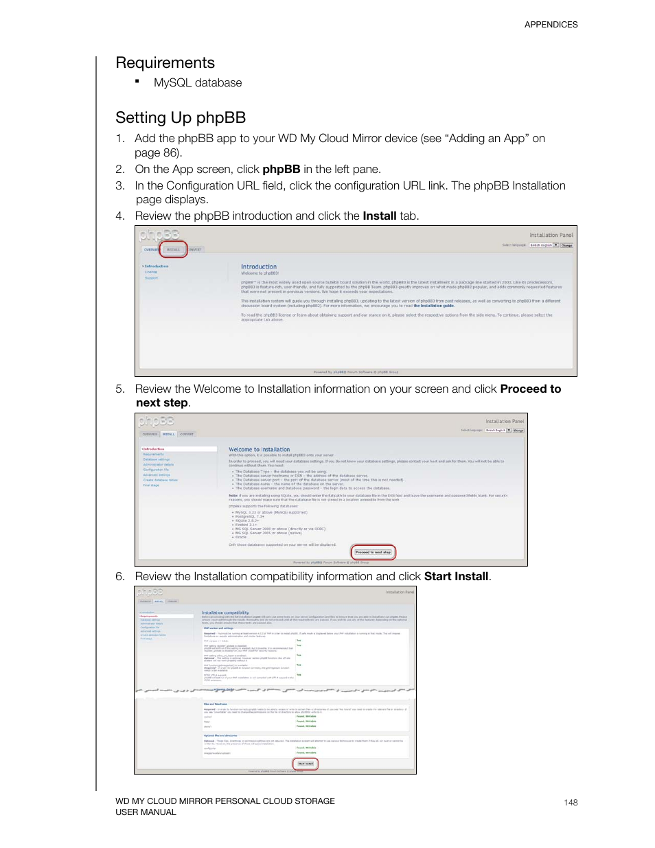 Requirements, Setting up phpbb | Western Digital My Cloud Mirror User Manual User Manual | Page 153 / 166