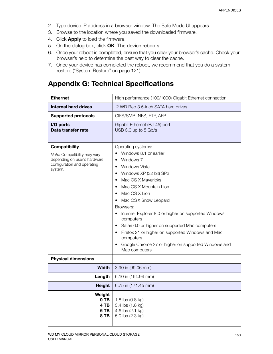 Appendix g: technical specifications | Western Digital My Cloud Mirror User Manual User Manual | Page 158 / 166