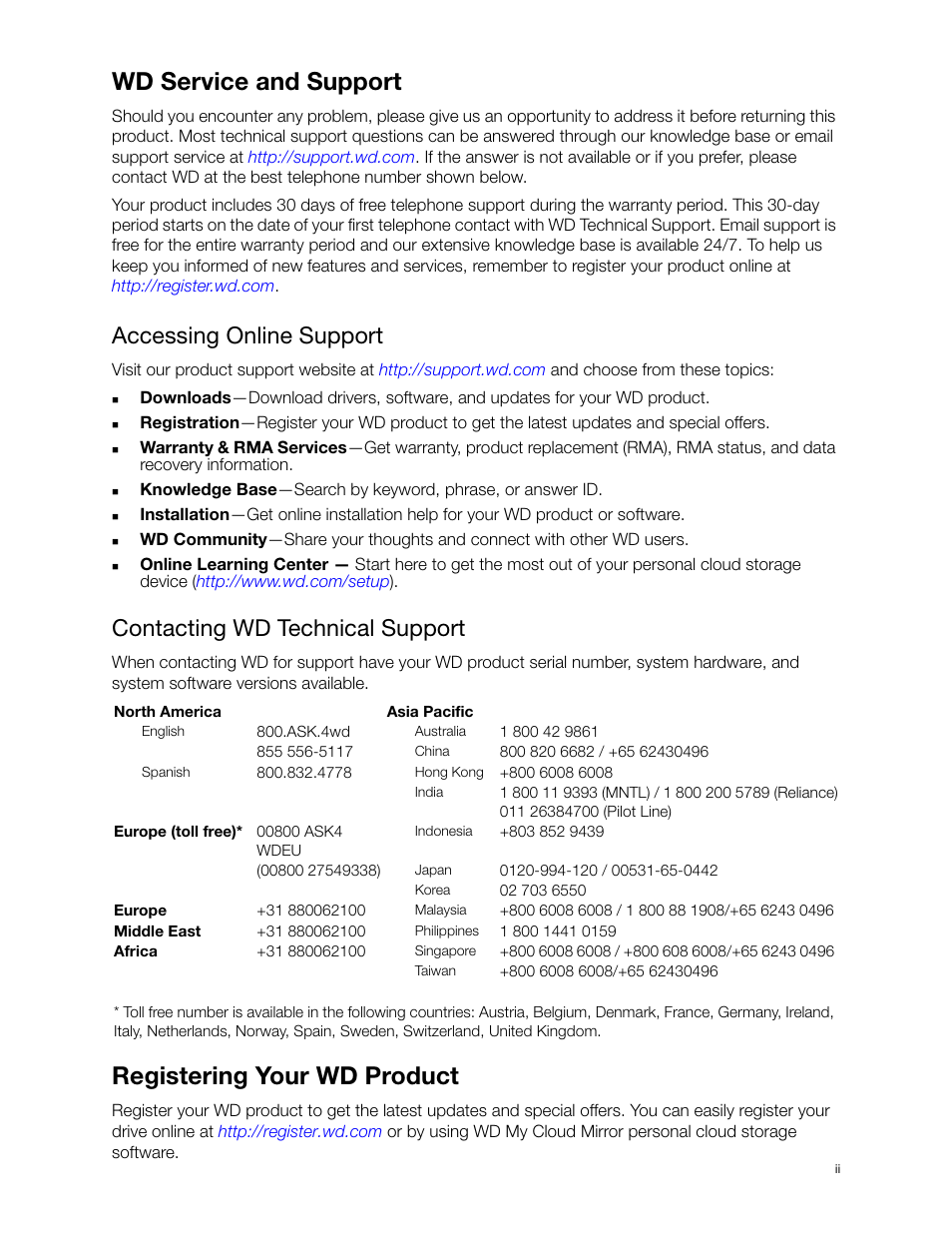 Wd service and support, Accessing online support, Contacting wd technical support | Registering your wd product | Western Digital My Cloud Mirror User Manual User Manual | Page 2 / 166