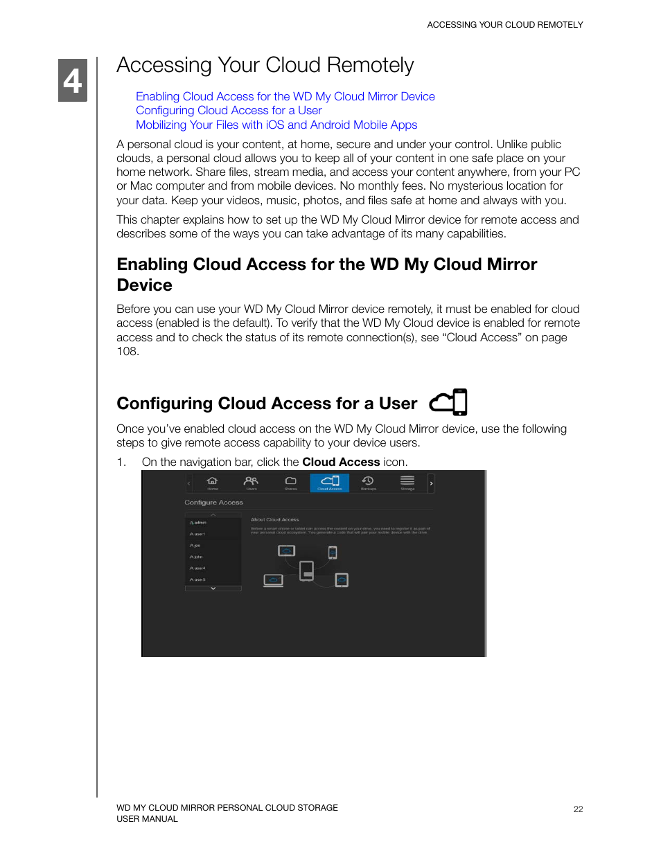 Accessing your cloud remotely, Configuring cloud access for a user | Western Digital My Cloud Mirror User Manual User Manual | Page 27 / 166