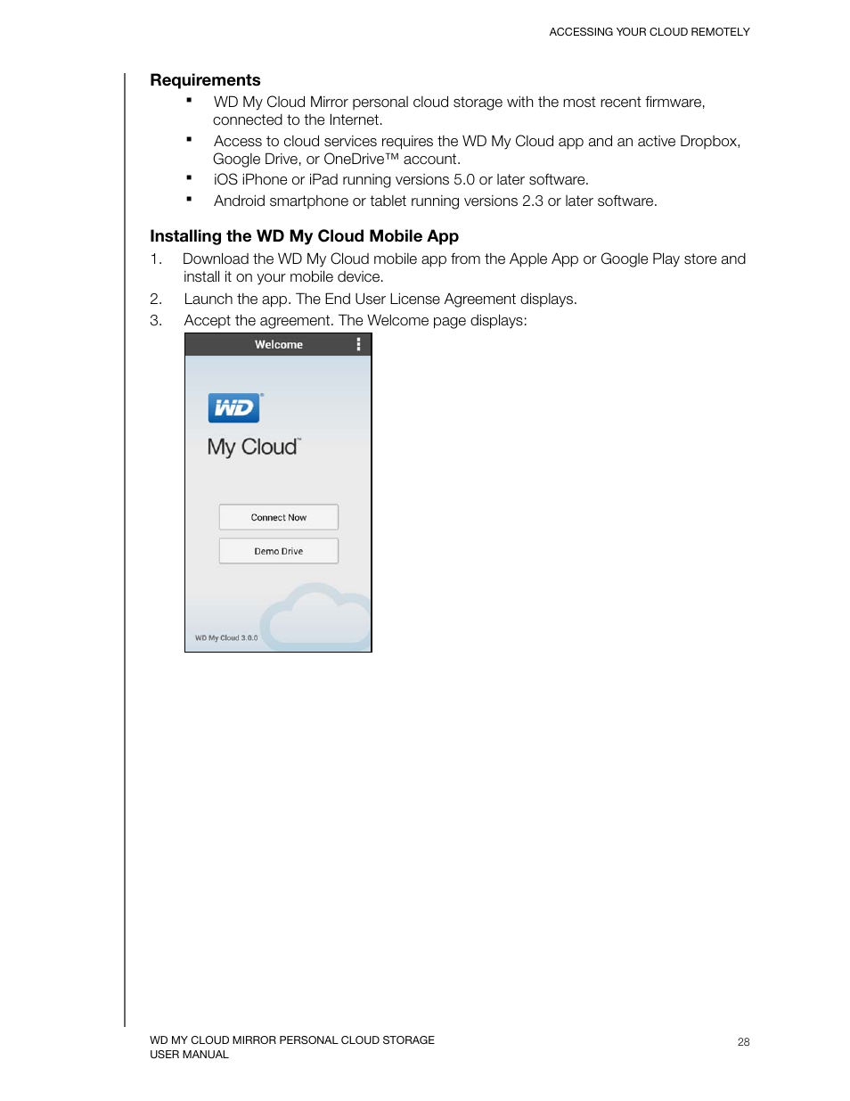 Requirements, Installing the wd my cloud mobile app | Western Digital My Cloud Mirror User Manual User Manual | Page 33 / 166