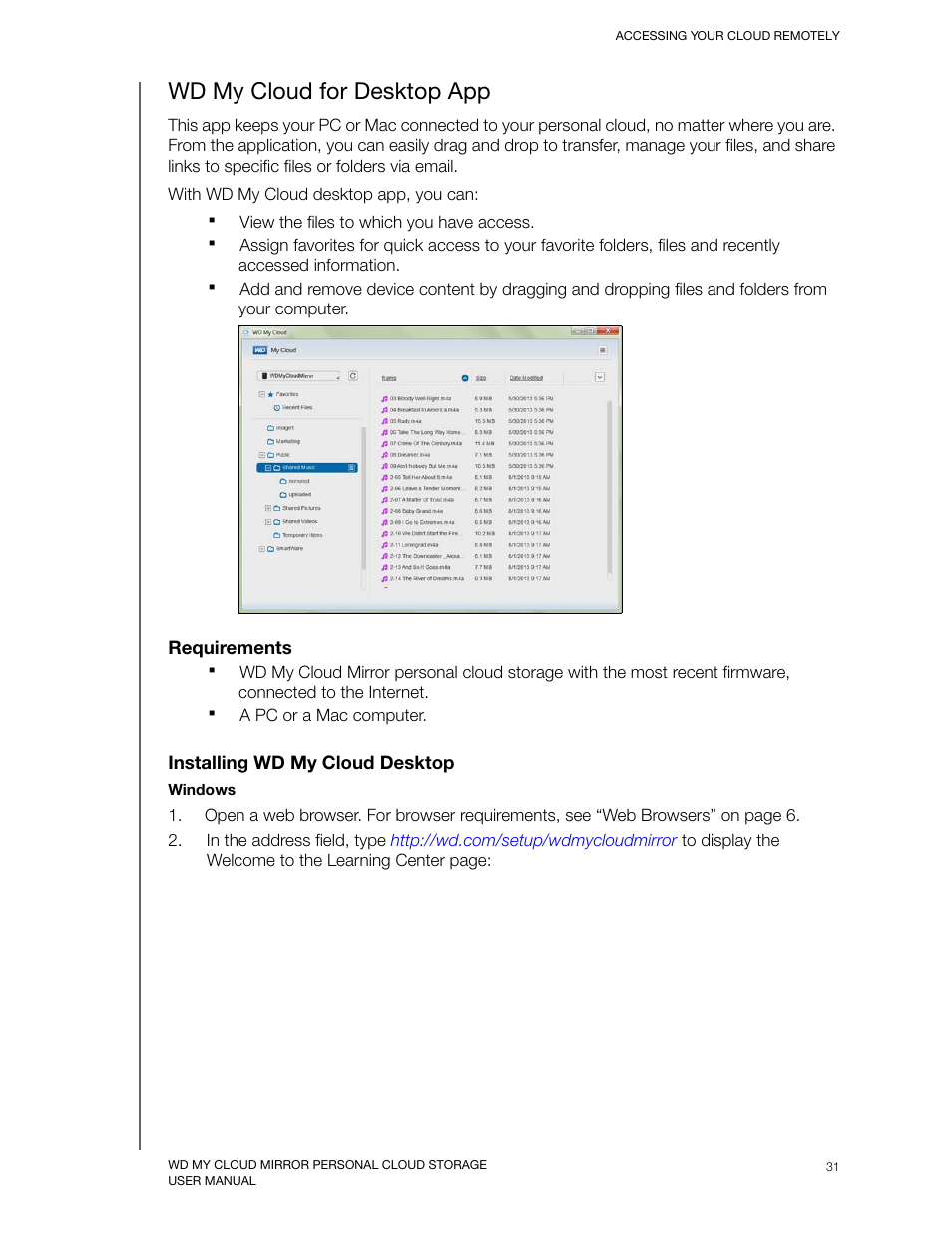 Wd my cloud for desktop app, Requirements, Installing wd my cloud desktop | Western Digital My Cloud Mirror User Manual User Manual | Page 36 / 166