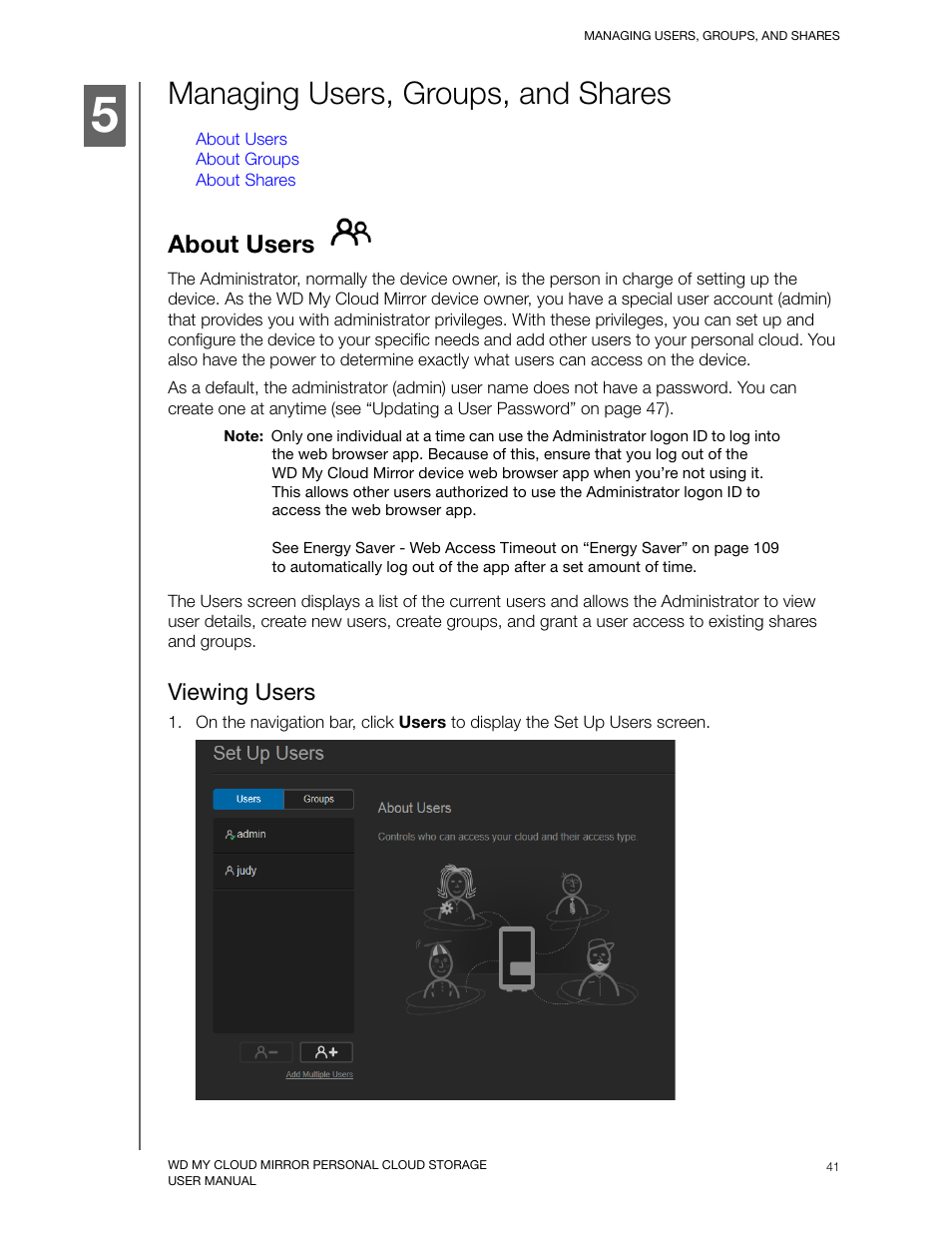 Managing users, groups, and shares, About users, Viewing users | Western Digital My Cloud Mirror User Manual User Manual | Page 46 / 166