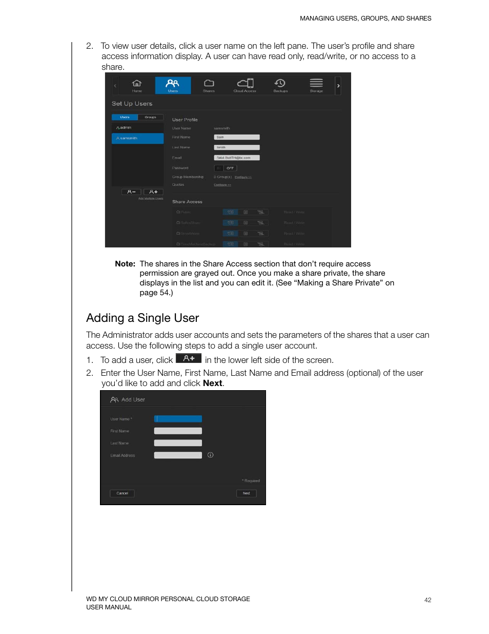 Adding a single user | Western Digital My Cloud Mirror User Manual User Manual | Page 47 / 166