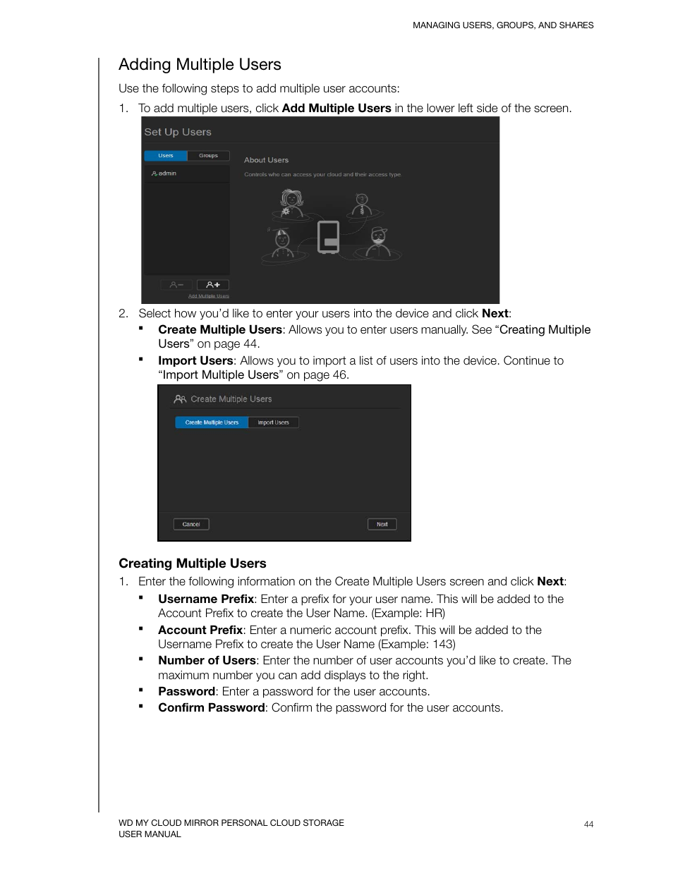 Adding multiple users, Creating multiple users | Western Digital My Cloud Mirror User Manual User Manual | Page 49 / 166