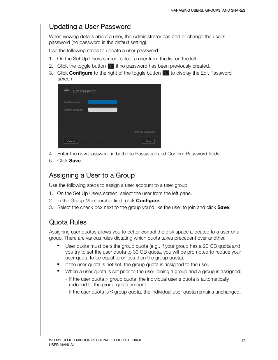 Updating a user password, Assigning a user to a group, Quota rules | Western Digital My Cloud Mirror User Manual User Manual | Page 52 / 166