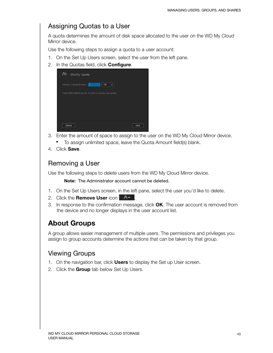 Assigning quotas to a user, Removing a user, About groups | Viewing groups | Western Digital My Cloud Mirror User Manual User Manual | Page 53 / 166