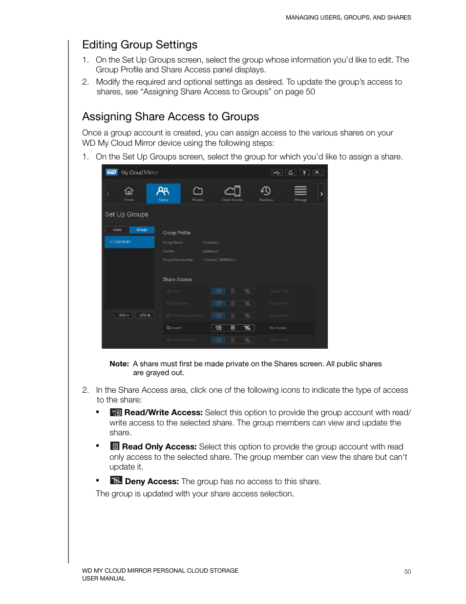 Editing group settings, Assigning share access to groups | Western Digital My Cloud Mirror User Manual User Manual | Page 55 / 166