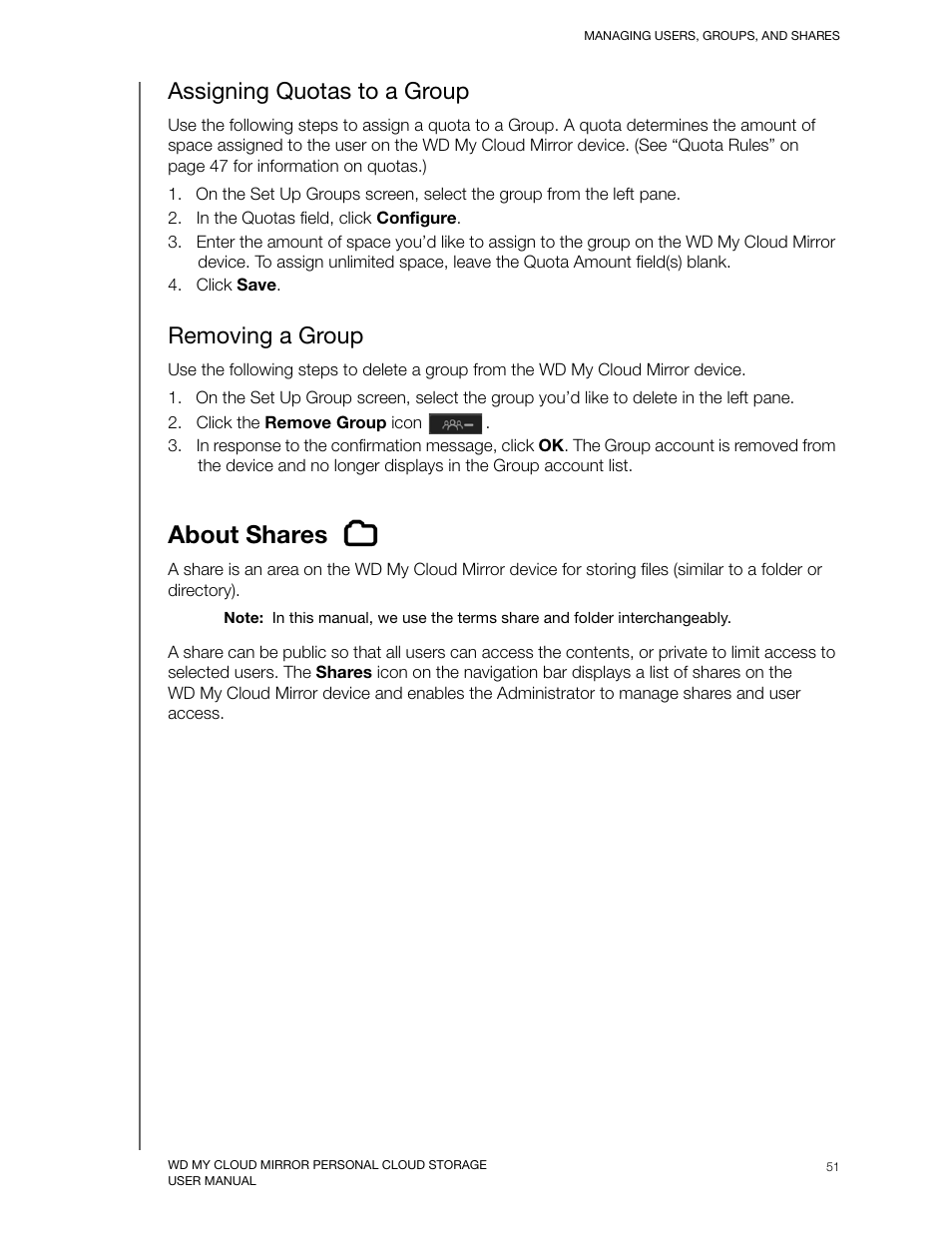 Assigning quotas to a group, Removing a group, About shares | Western Digital My Cloud Mirror User Manual User Manual | Page 56 / 166