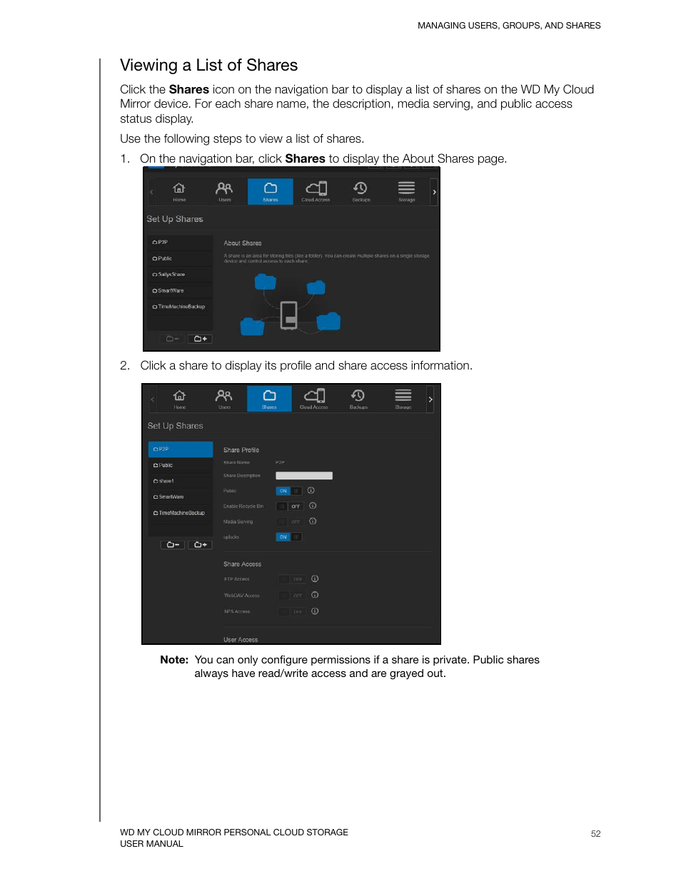 Viewing a list of shares | Western Digital My Cloud Mirror User Manual User Manual | Page 57 / 166