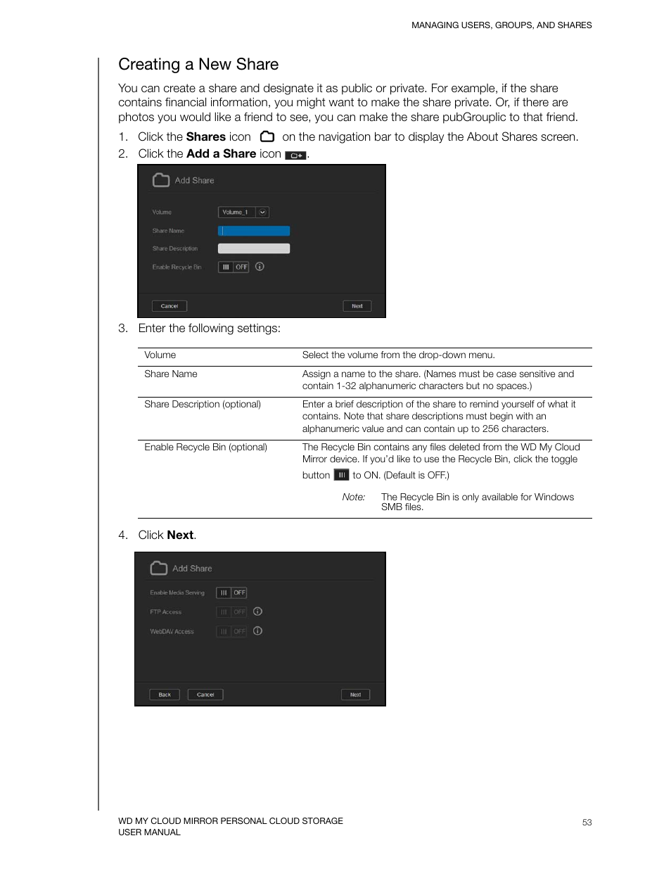Creating a new share | Western Digital My Cloud Mirror User Manual User Manual | Page 58 / 166