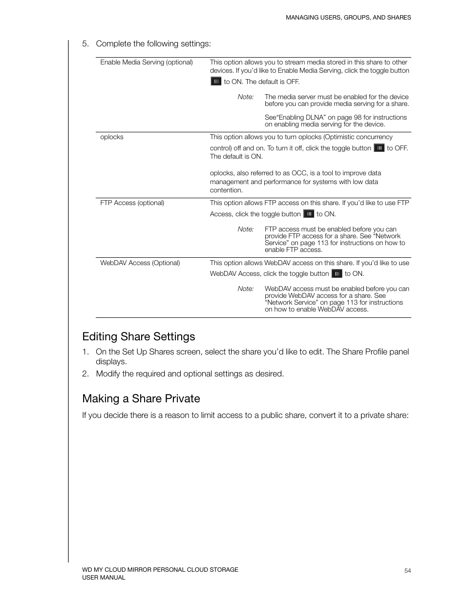 Editing share settings, Making a share private | Western Digital My Cloud Mirror User Manual User Manual | Page 59 / 166
