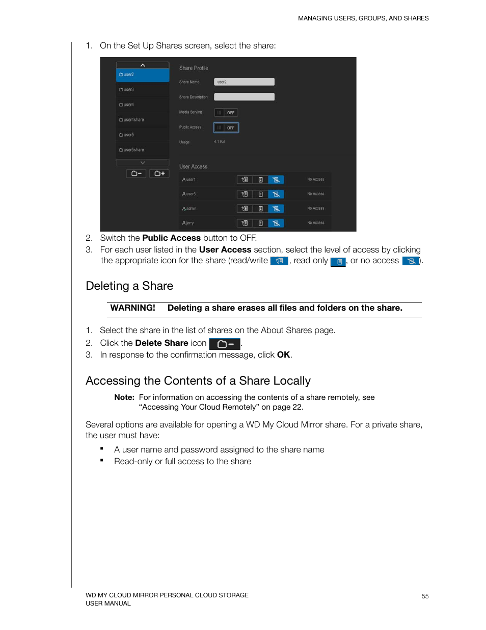 Deleting a share, Accessing the contents of a share locally | Western Digital My Cloud Mirror User Manual User Manual | Page 60 / 166