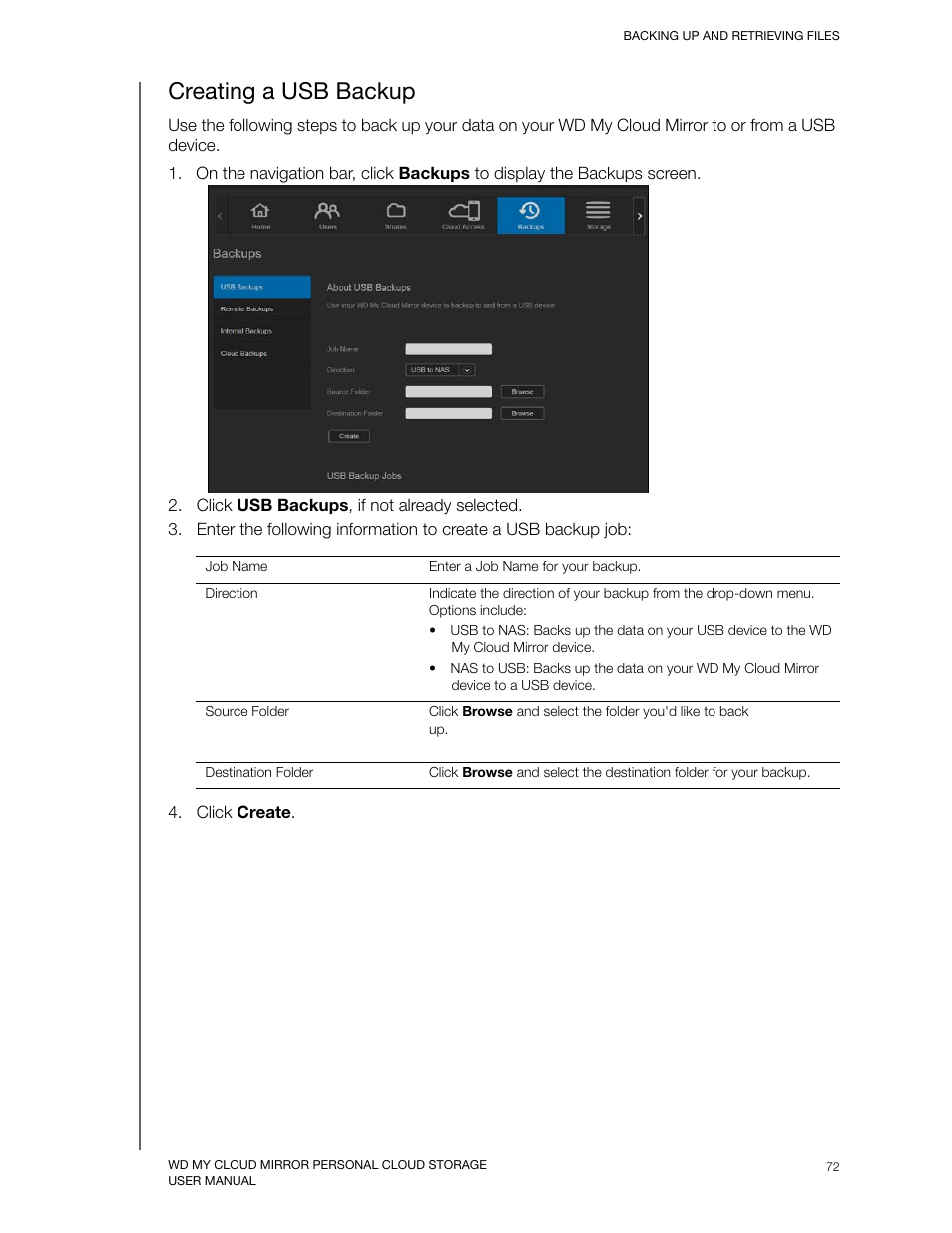 Creating a usb backup | Western Digital My Cloud Mirror User Manual User Manual | Page 77 / 166