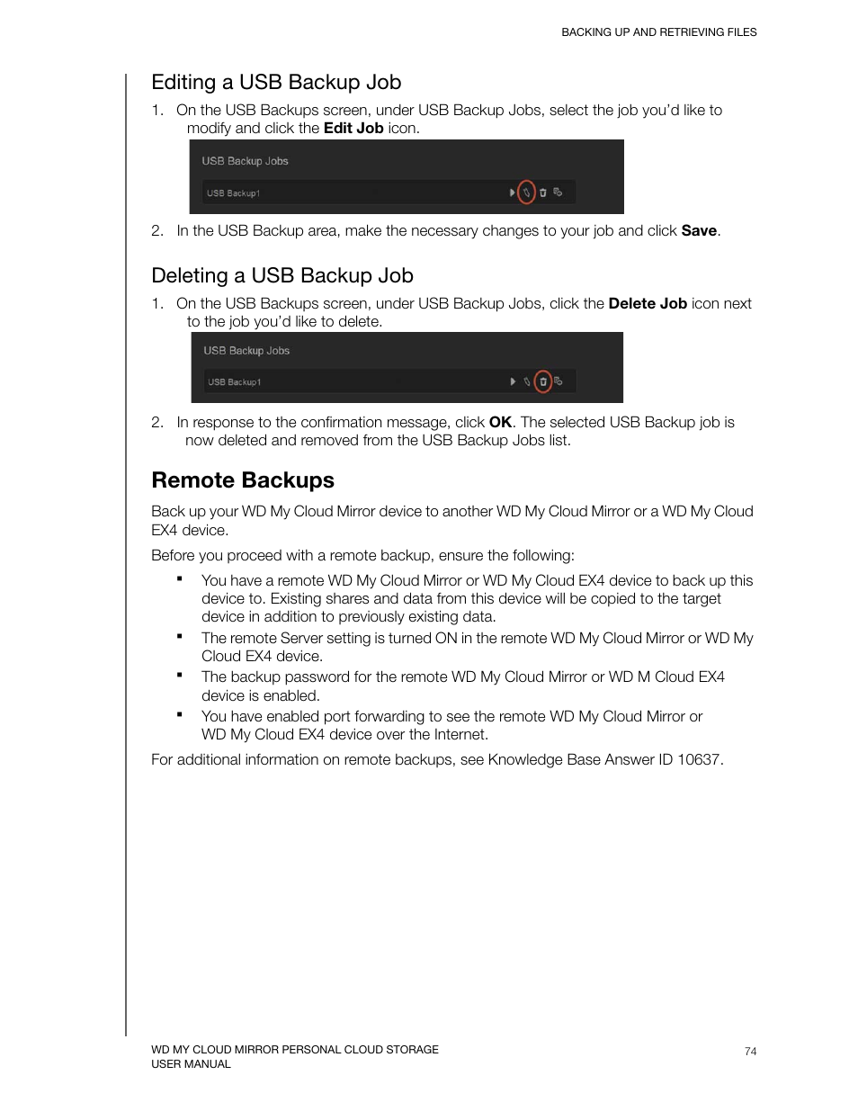 Editing a usb backup job, Deleting a usb backup job, Remote backups | Western Digital My Cloud Mirror User Manual User Manual | Page 79 / 166