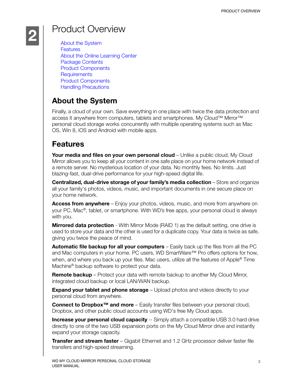 Product overview, About the system, Features | Western Digital My Cloud Mirror User Manual User Manual | Page 8 / 166