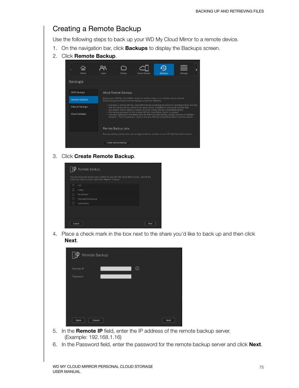 Creating a remote backup | Western Digital My Cloud Mirror User Manual User Manual | Page 80 / 166
