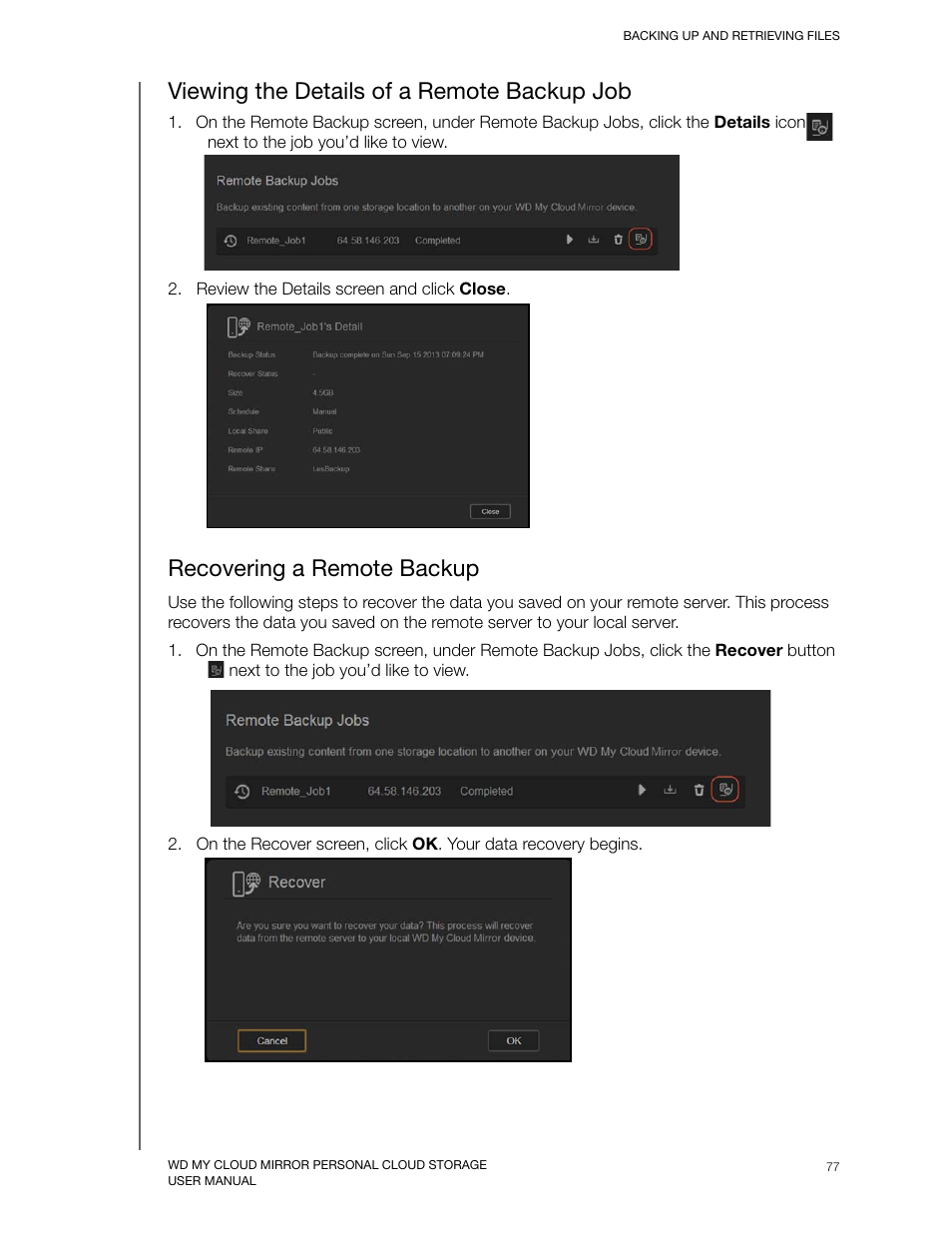 Viewing the details of a remote backup job, Recovering a remote backup | Western Digital My Cloud Mirror User Manual User Manual | Page 82 / 166