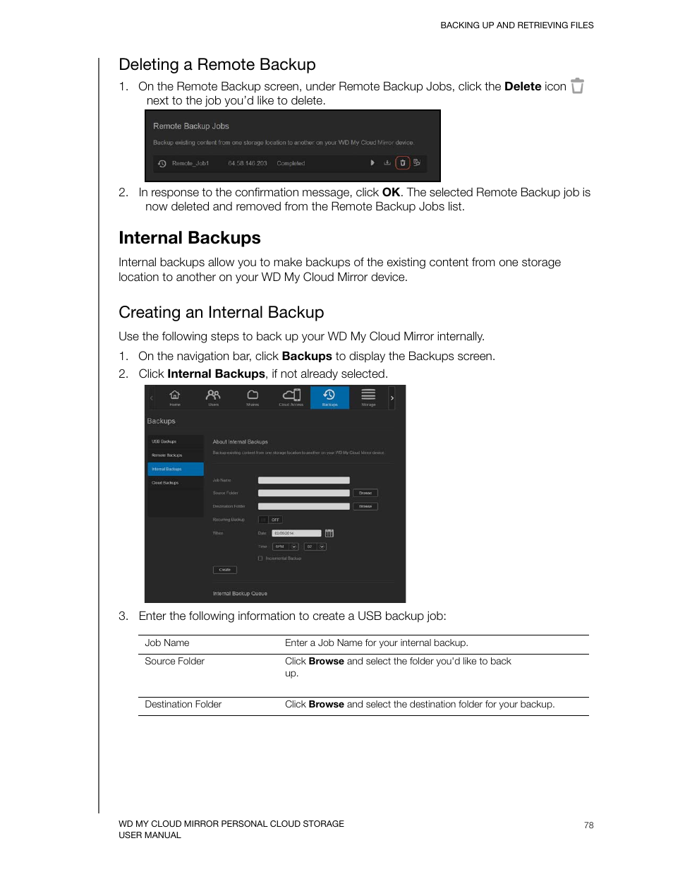 Deleting a remote backup, Internal backups, Creating an internal backup | Western Digital My Cloud Mirror User Manual User Manual | Page 83 / 166