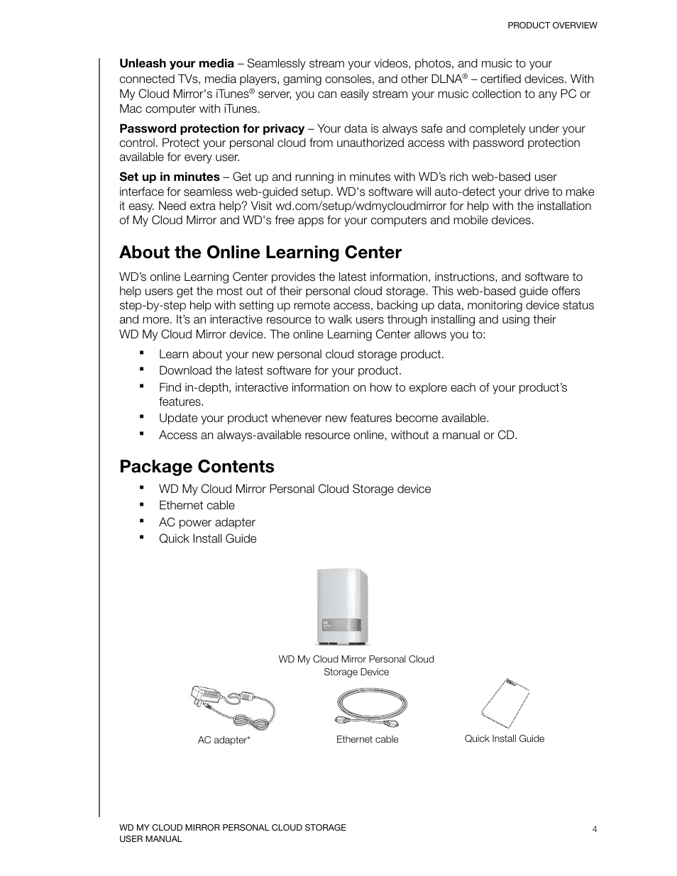 About the online learning center, Package contents, About the online learning center package contents | Western Digital My Cloud Mirror User Manual User Manual | Page 9 / 166