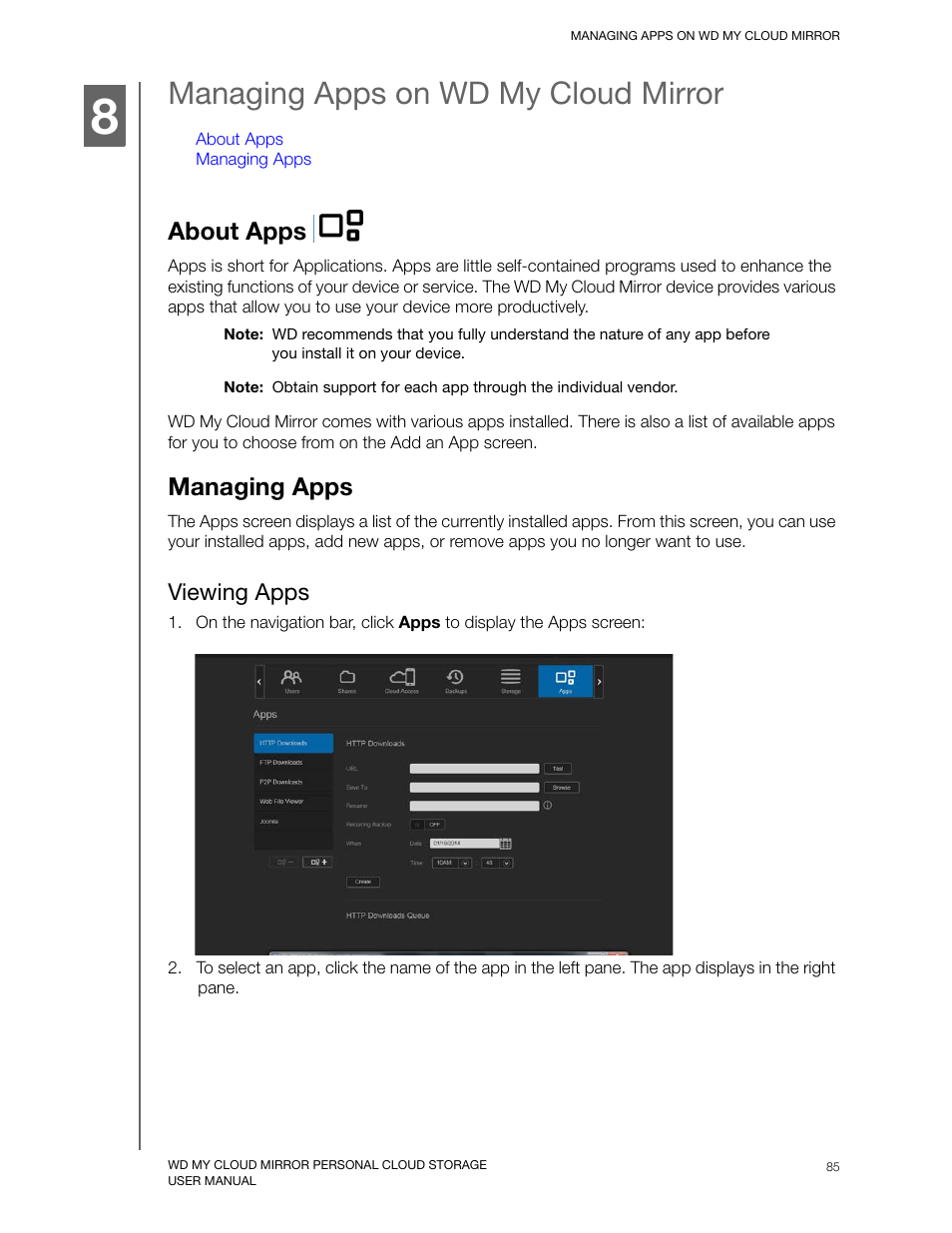 Managing apps on wd my cloud mirror, About apps, Managing apps | Viewing apps | Western Digital My Cloud Mirror User Manual User Manual | Page 90 / 166