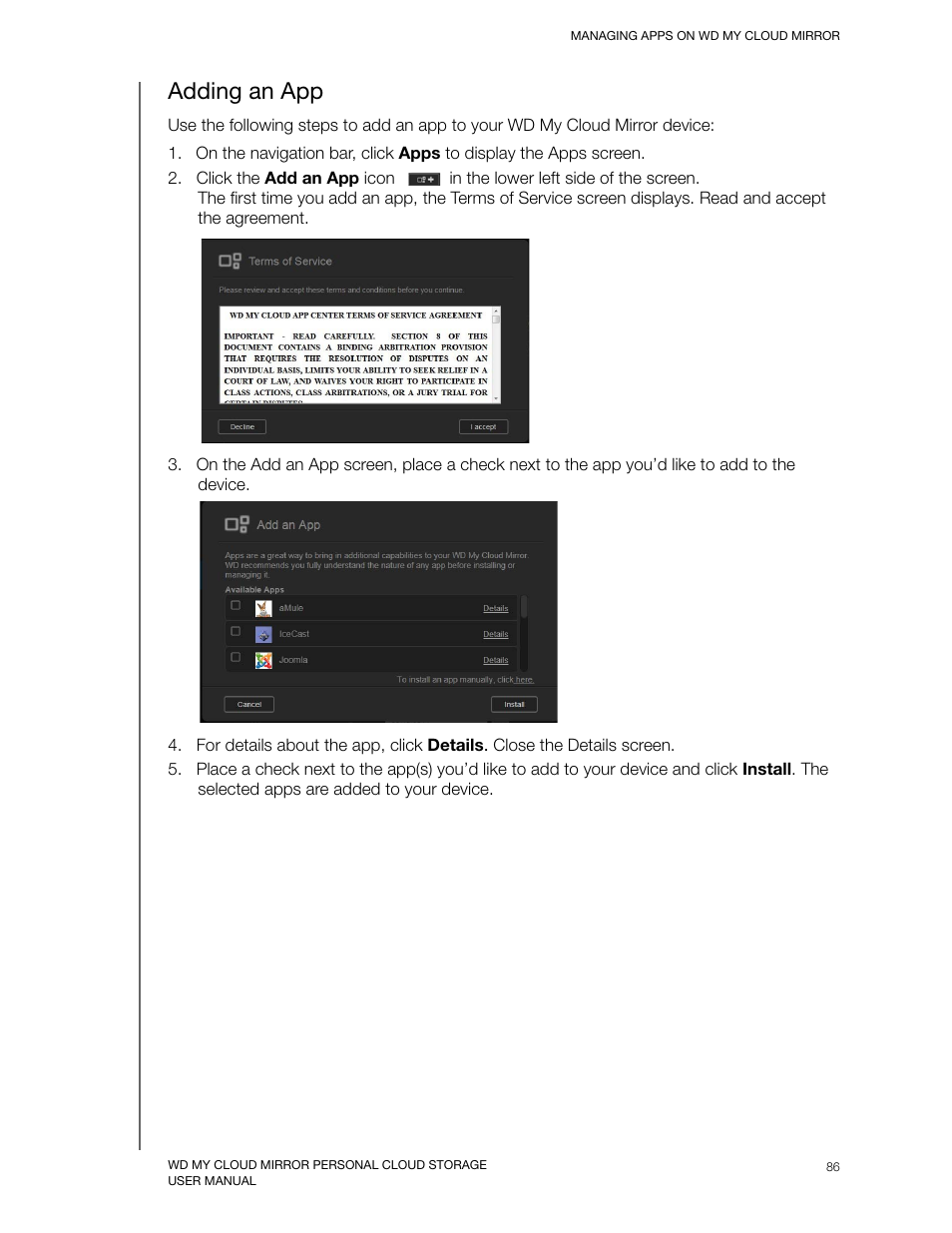 Adding an app | Western Digital My Cloud Mirror User Manual User Manual | Page 91 / 166