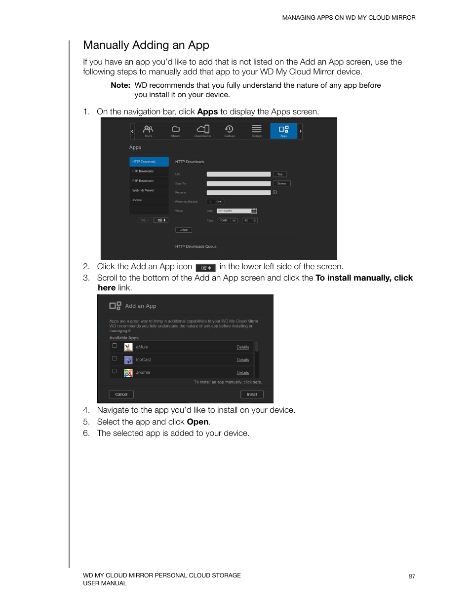 Manually adding an app | Western Digital My Cloud Mirror User Manual User Manual | Page 92 / 166