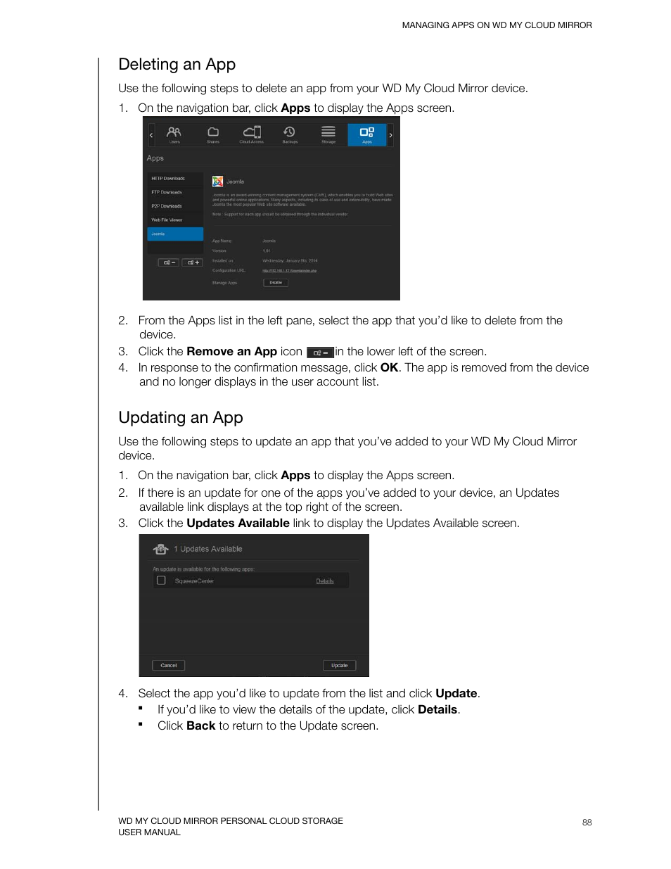 Deleting an app, Updating an app | Western Digital My Cloud Mirror User Manual User Manual | Page 93 / 166