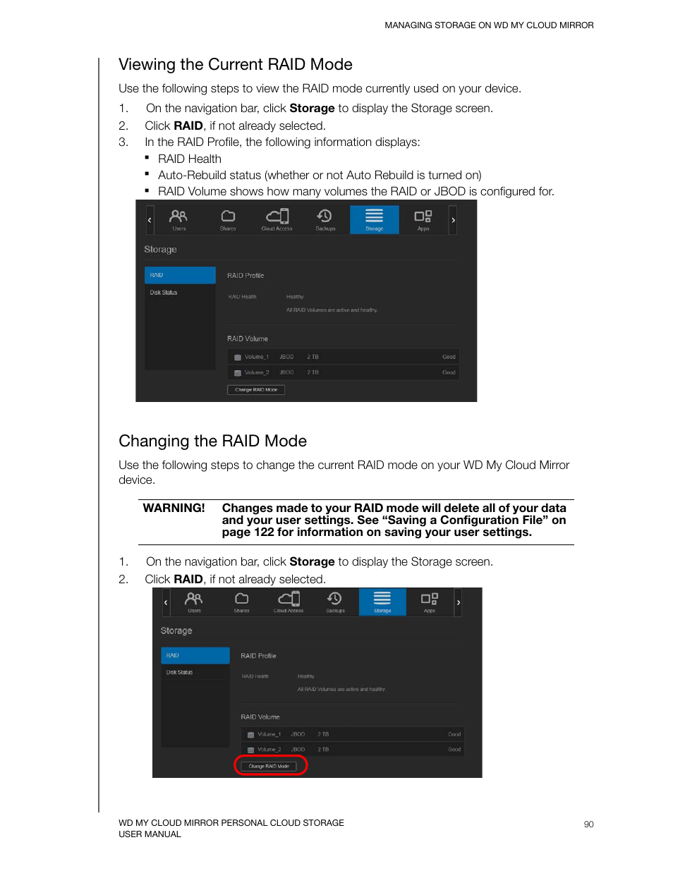 Viewing the current raid mode, Changing the raid mode | Western Digital My Cloud Mirror User Manual User Manual | Page 95 / 166