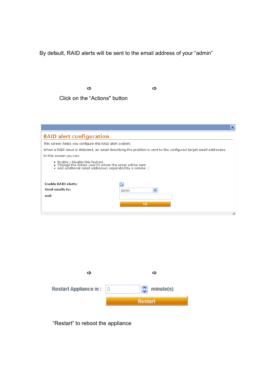 Configure raid alerts, Restart the appliance, Onfigure | Raid, Lerts, Estart the, Ppliance | Western Digital WD Arkeia RAx300T Installation and Configuration Guide User Manual | Page 29 / 33